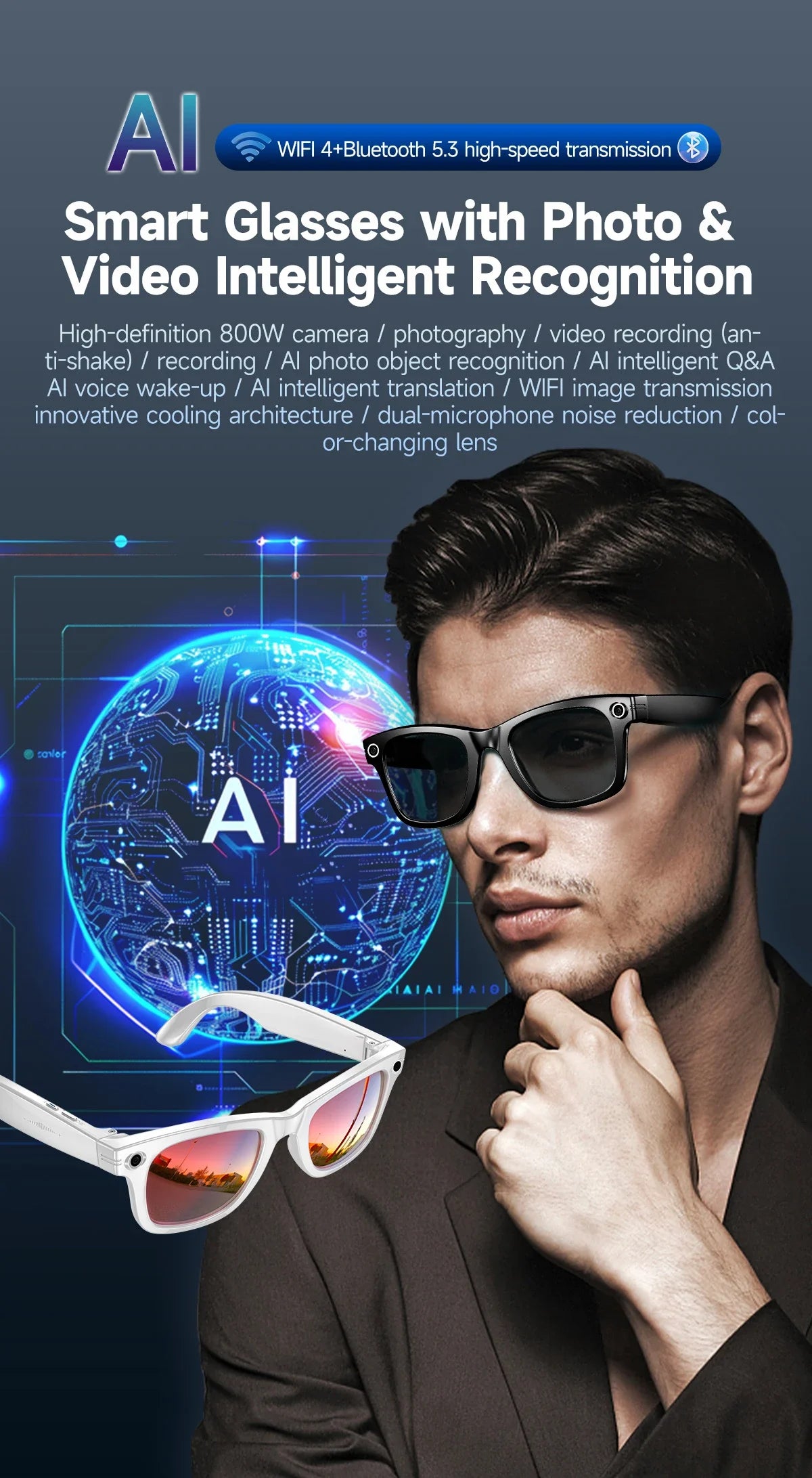 Gafas de sol inteligentes 2025 con IA, cámara de vídeo de 8 MP, traducción, Bluetooth, llamadas, reproducción de música, para hombres y mujeres, grabación al 100%.