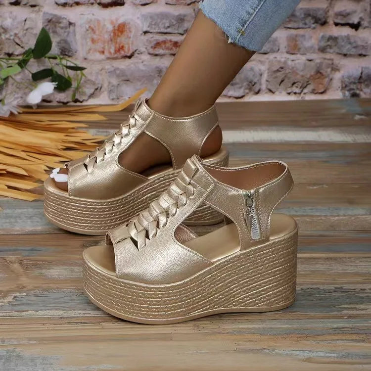 Sandalias de cuña con plataforma para mujer, nuevas, sexys, de color liso, tacón alto, punta abierta, cremallera lateral, antideslizantes, para caminar. Zapatos de diseñador.