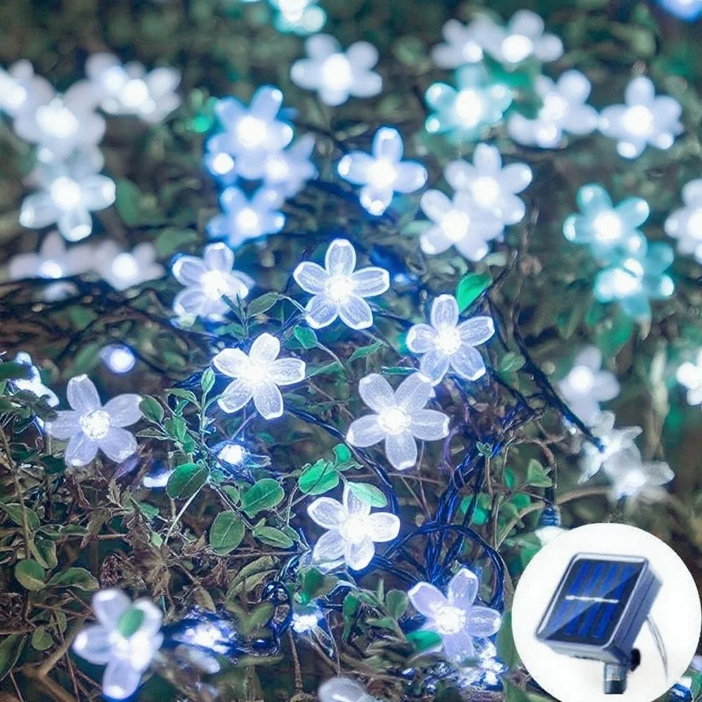Guirnaldas de luces solares con forma de flores de cerezo para jardín, luces solares impermeables para exteriores, decoración navideña para césped y caminos.