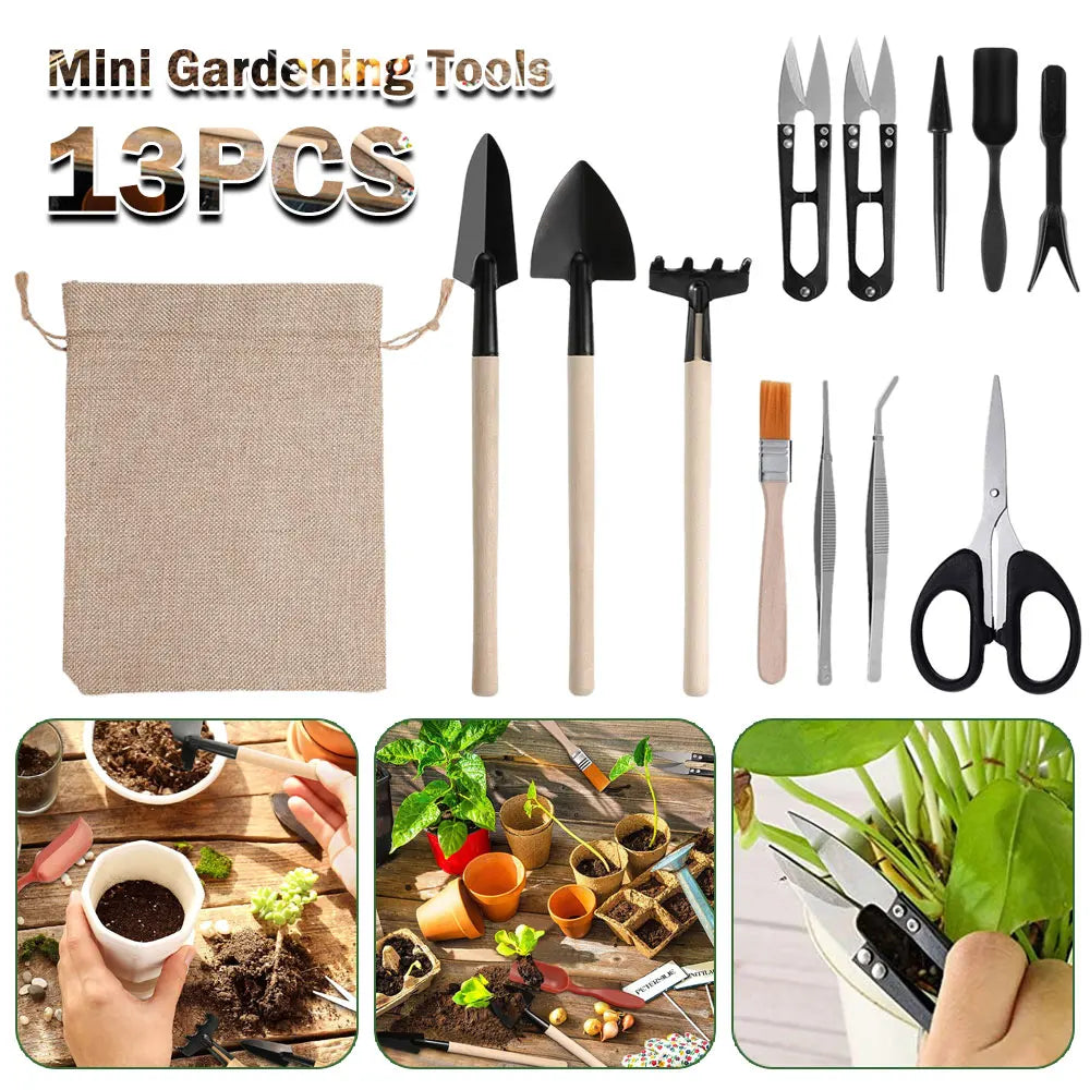 Juego de 13 mini palas, rastrillos, azadas y tijeras para bonsái con mango de madera, ideales para flores, plantas en maceta y deshierbe en el jardín.