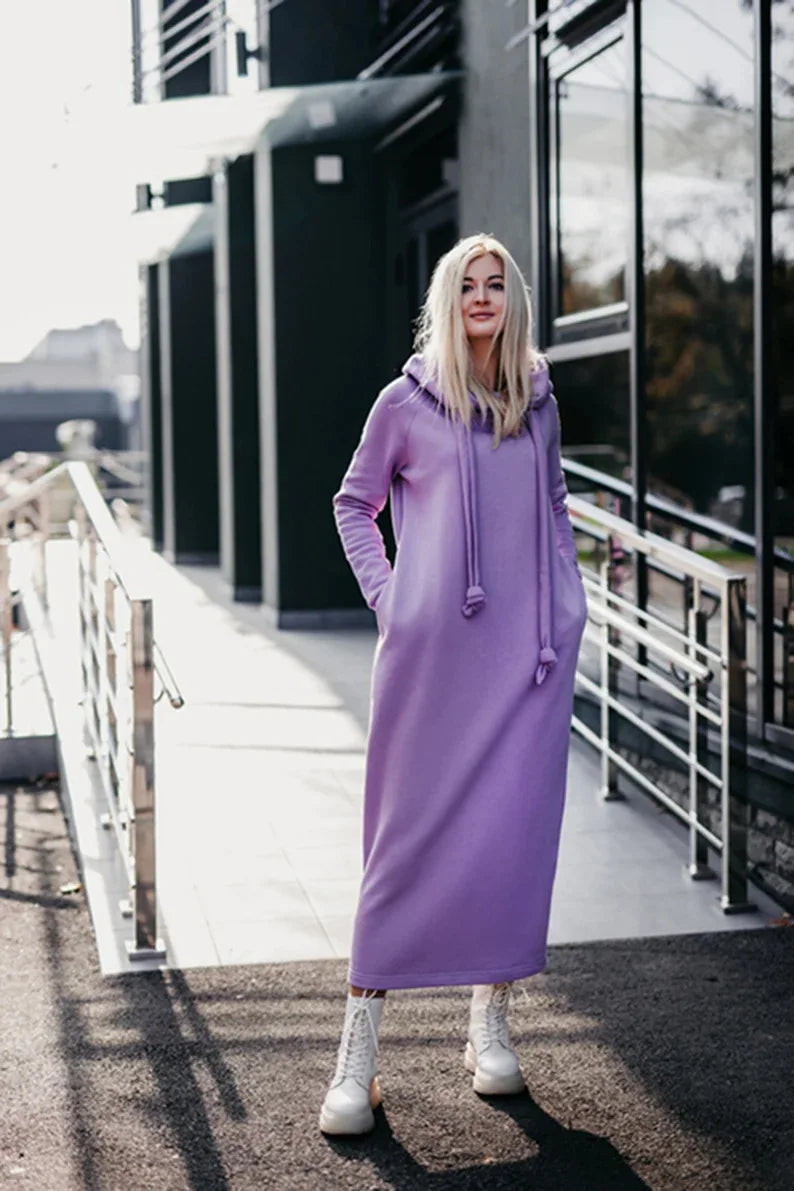 Vestido largo de punto holgado con capucha para mujer, ideal para otoño e invierno. Vestido de terciopelo con capucha, estilo casual, con detalles de costura. Vestido cálido.
