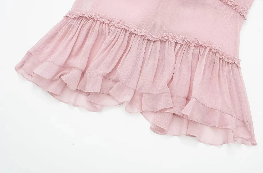 Moda femenina con tops semitransparentes con volantes en la parte delantera y tirantes finos sin espalda, sexys, para mujer