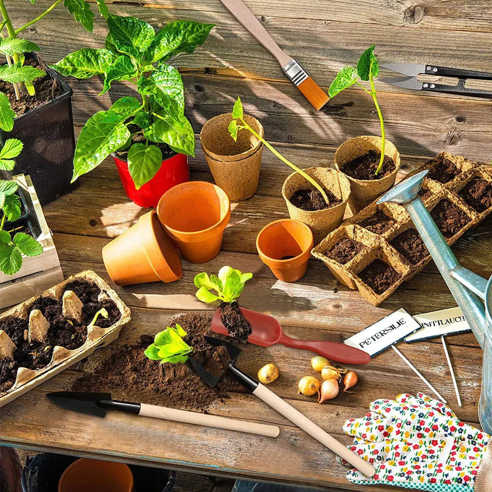 Juego de 13 mini palas, rastrillos, azadas y tijeras para bonsái con mango de madera, ideales para flores, plantas en maceta y deshierbe en el jardín.