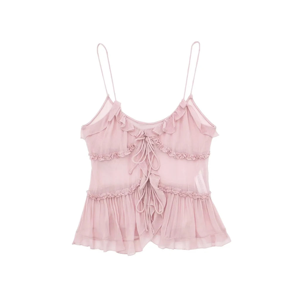 Moda femenina con tops semitransparentes con volantes en la parte delantera y tirantes finos sin espalda, sexys, para mujer