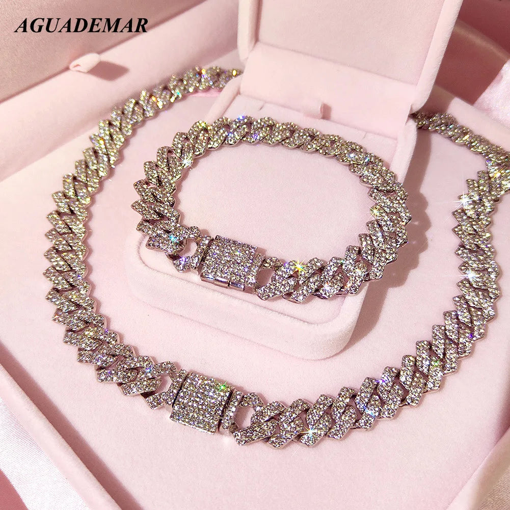 Collar de eslabones cubanos Miami de 14 mm color plata para mujer, con incrustaciones de diamantes de imitación en dos filas, gargantilla cuadrada de eslabones cubanos.