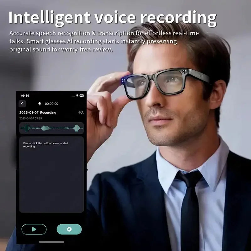 Gafas inteligentes con IA 2026 con cámara de 8 MP, grabación de video, traducción a más de 100 idiomas, Bluetooth, llamadas y reproducción de música. Para hombres y mujeres.