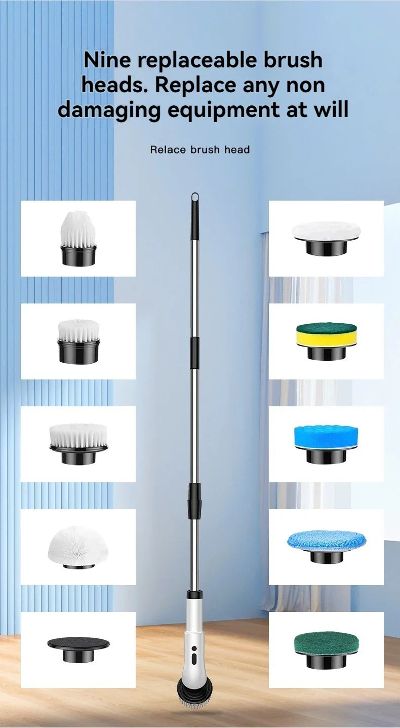 Cepillo de limpieza eléctrico 9 en 1 inalámbrico telescópico de mano para el hogar, cocina, suelo y baño, con 9 cabezales de limpieza.