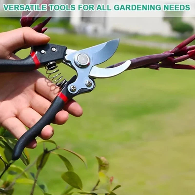 Juego de herramientas de jardinería multiusos con 5 piezas: tijeras de podar, sierra plegable, tijeras para plantas.