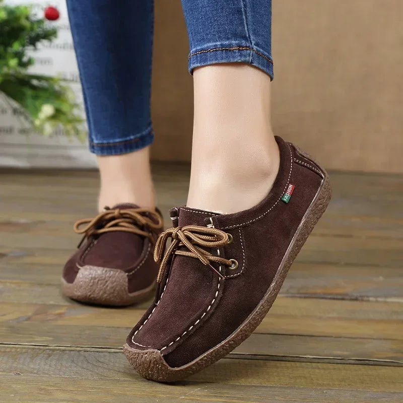 Zapatos casuales de mujer de nueva colección 2025: bailarinas de ante y piel, mocasines con cordones, zapatos de moda para mujer, tallas grandes 35-42.
