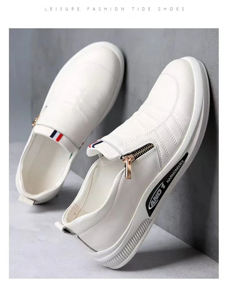 Zapatos casuales de cuero para hombre, mocasines con cremallera, zapatillas de marca de lujo para hombre, cómodos, casuales, mocasines, zapatos para conducir al aire libre.