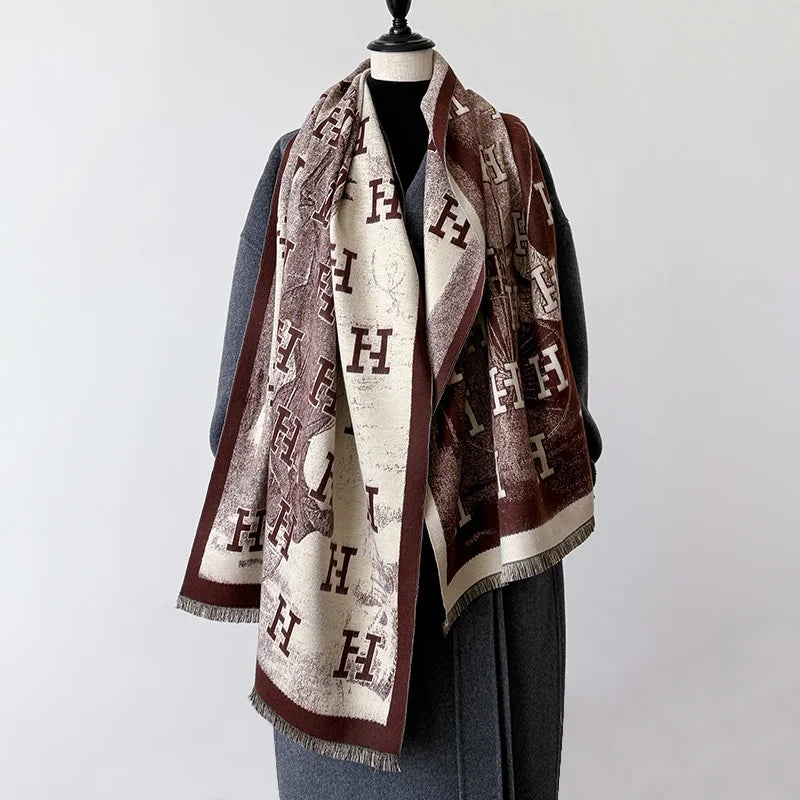 Bufanda de mujer nueva de la marca 2025 con letras, de lujo, para otoño e invierno, cálida, con estampado, tipo pashmina. Bufanda tipo foulard.