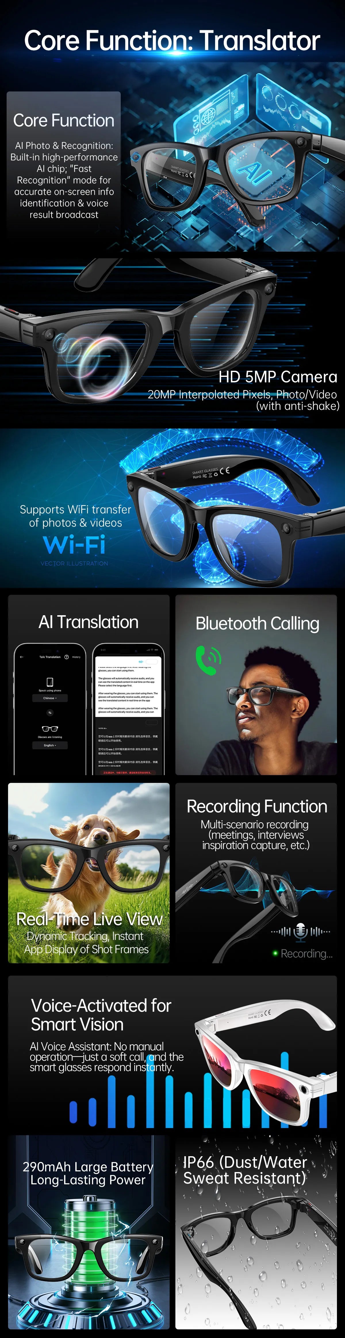 Gafas inteligentes con IA, 5 millones de píxeles, grabación de vídeo, reconocimiento fotográfico, traducción de respuestas, batería de 290 mAh, resistencia al agua IP66, Bluetooth.