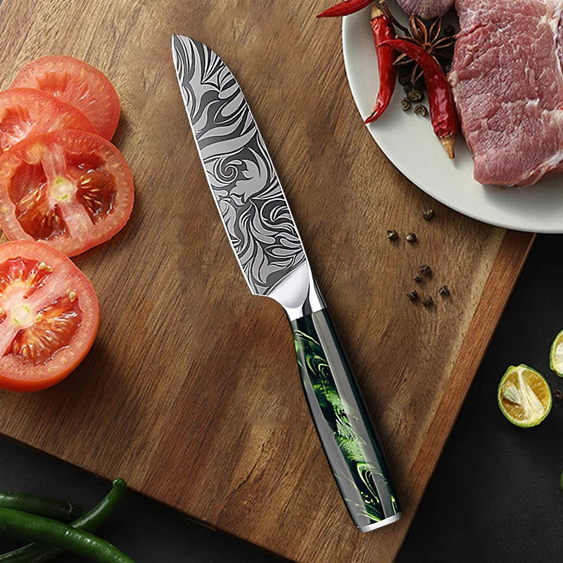 Cuchillo de cocina, cuchillo de chef, cuchillo japonés, cuchillo con patrón de Damasco láser, cuchillo para cortar carne, fruta, pan, verduras, cuchillo deshuesador, cuchillo multiusos para rebanar