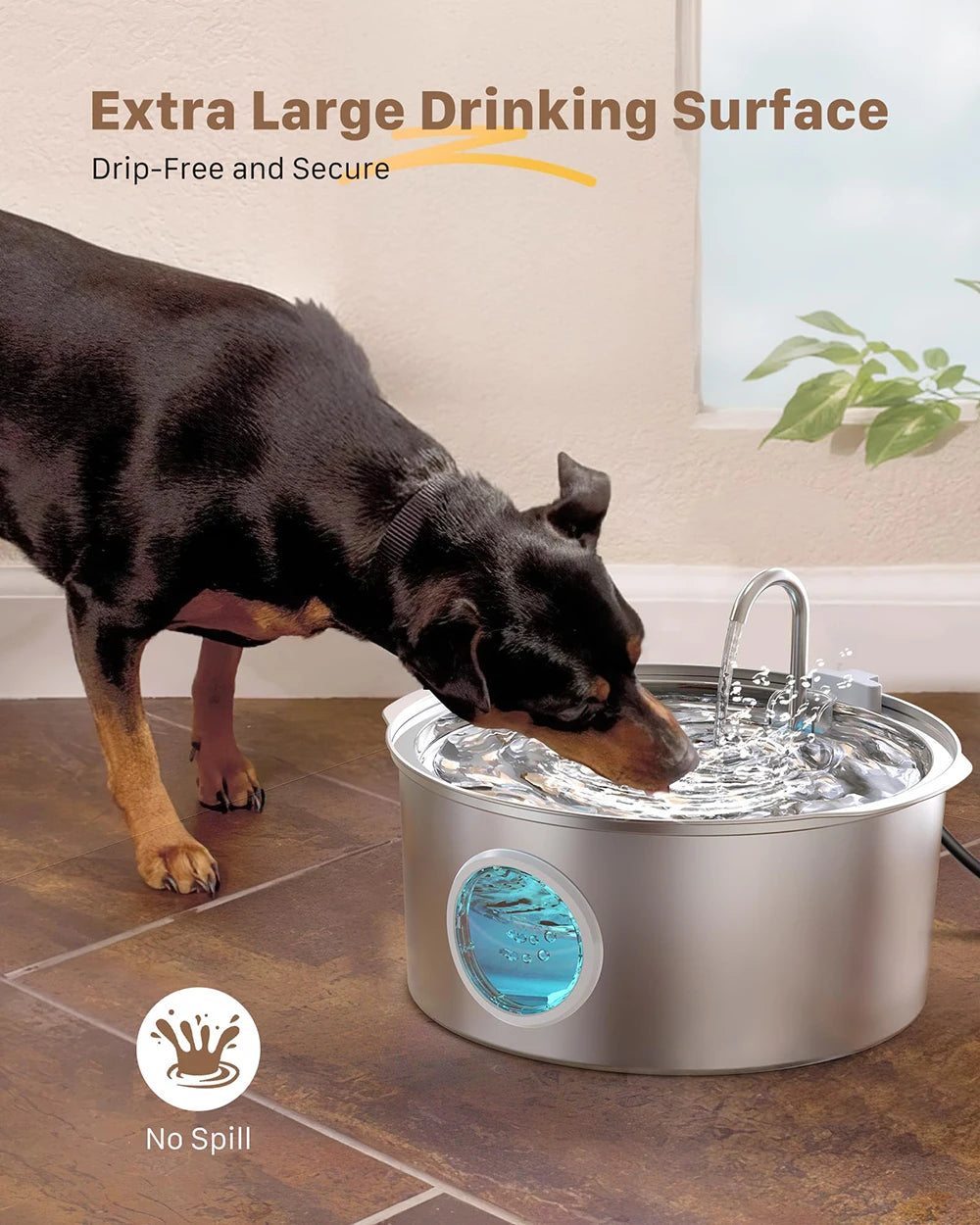 Fuente de agua automática de acero inoxidable de gran capacidad de 7 litros para gatos y perros, bebedero para mascotas, comedero con ventana, silencioso (sin enchufe de 5 V 1 A)