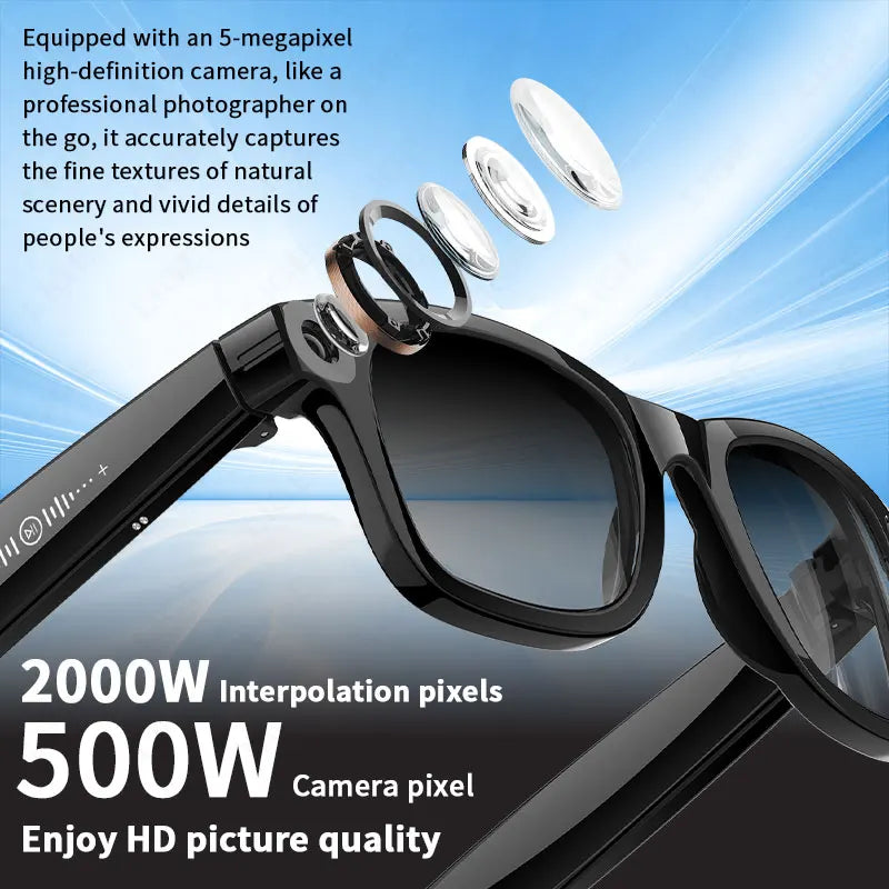 Gafas inteligentes con IA, 5 millones de píxeles, grabación de vídeo, reconocimiento fotográfico, traducción de respuestas, batería de 290 mAh, resistencia al agua IP66, Bluetooth.