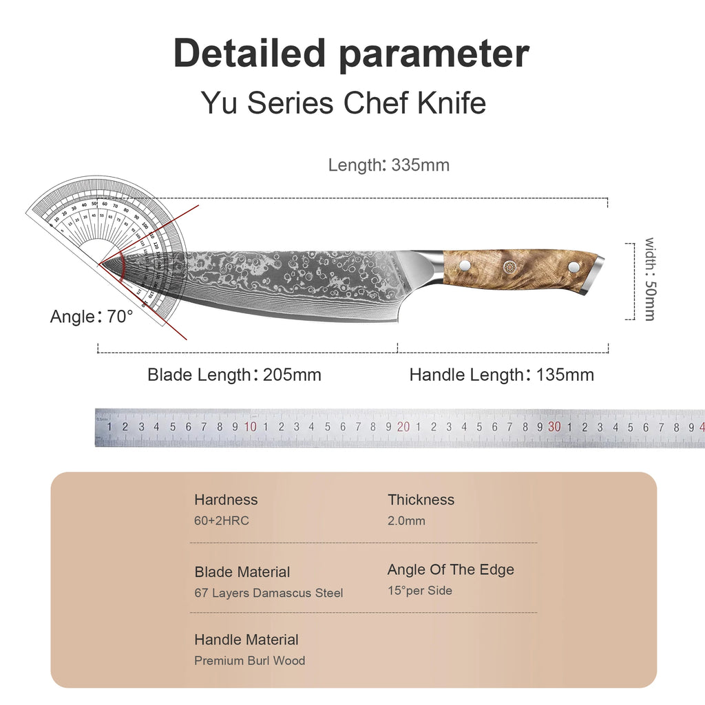 Cuchillo de chef profesional de 8 pulgadas, hecho a mano en acero de Damasco japonés, con mango de madera de raíz natural, ideal para cortar carne y verduras