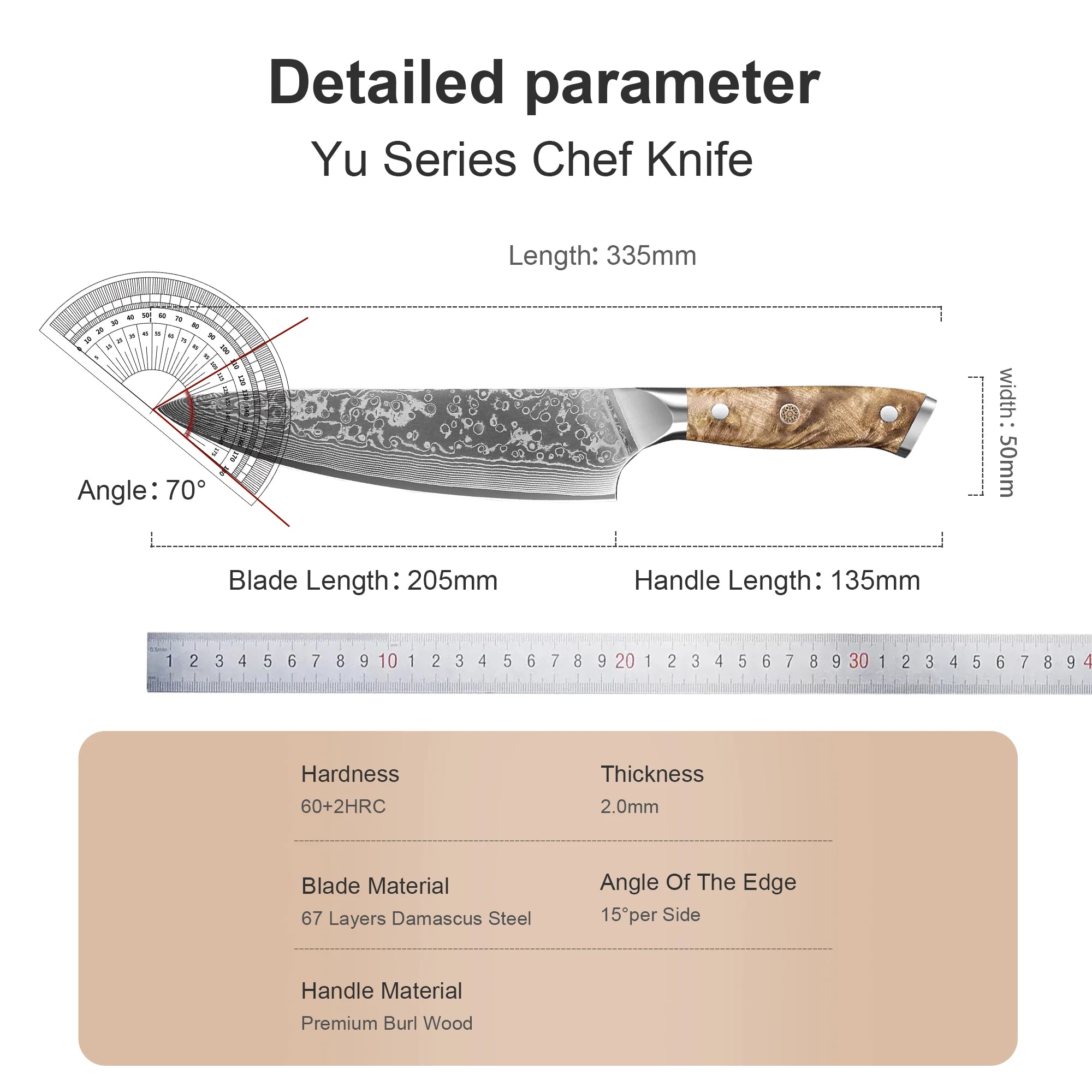 Cuchillo de chef profesional de 8 pulgadas, hecho a mano en acero de Damasco japonés, con mango de madera de raíz natural, ideal para cortar carne y verduras