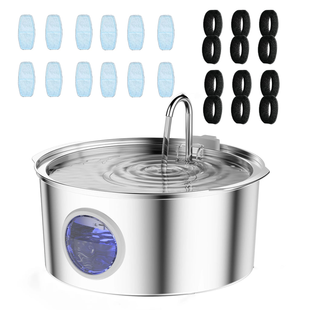Fuente de agua automática de acero inoxidable de gran capacidad de 7 litros para gatos y perros, bebedero para mascotas, comedero con ventana, silencioso (sin enchufe de 5 V 1 A)