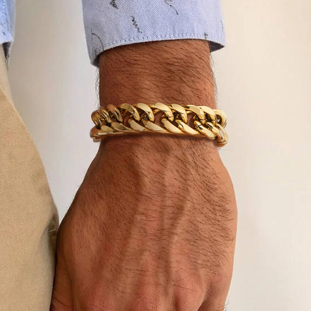 Pulsera de cadena cubana gruesa para hombre, acero inoxidable, oro, plata, negro, estilo retro, eslabones Miami, regalo, 8/10/12/15 mm de ancho