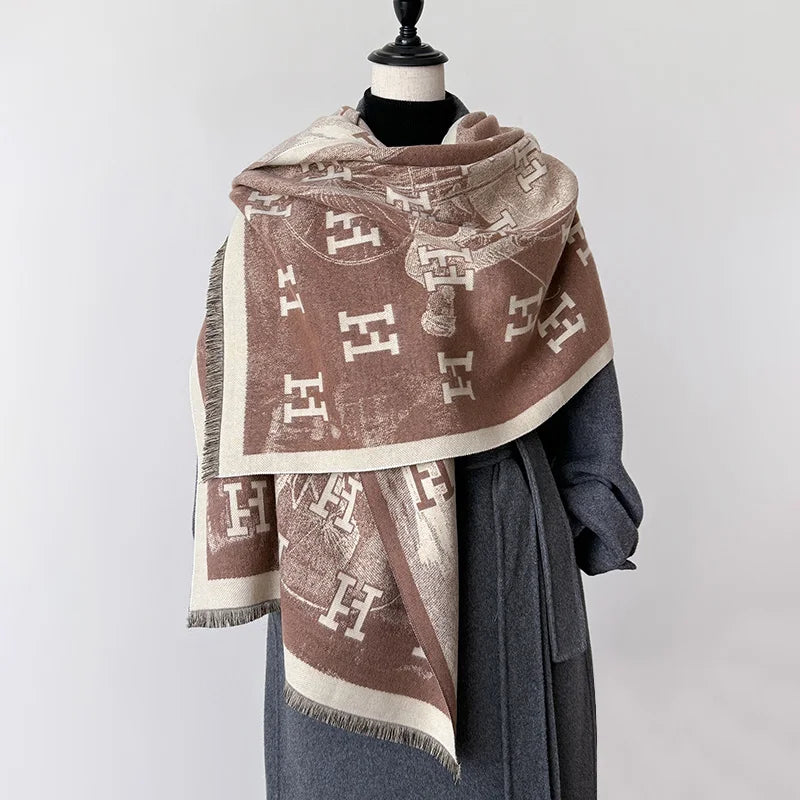 Bufanda de mujer nueva de la marca 2025 con letras, de lujo, para otoño e invierno, cálida, con estampado, tipo pashmina. Bufanda tipo foulard.