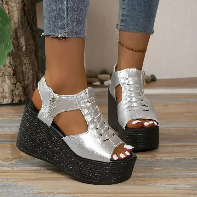 Sandalias de cuña con plataforma para mujer, nuevas, sexys, de color liso, tacón alto, punta abierta, cremallera lateral, antideslizantes, para caminar. Zapatos de diseñador.