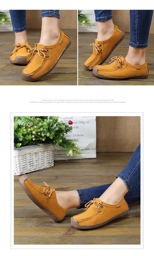 Zapatos casuales de mujer de nueva colección 2025: bailarinas de ante y piel, mocasines con cordones, zapatos de moda para mujer, tallas grandes 35-42.