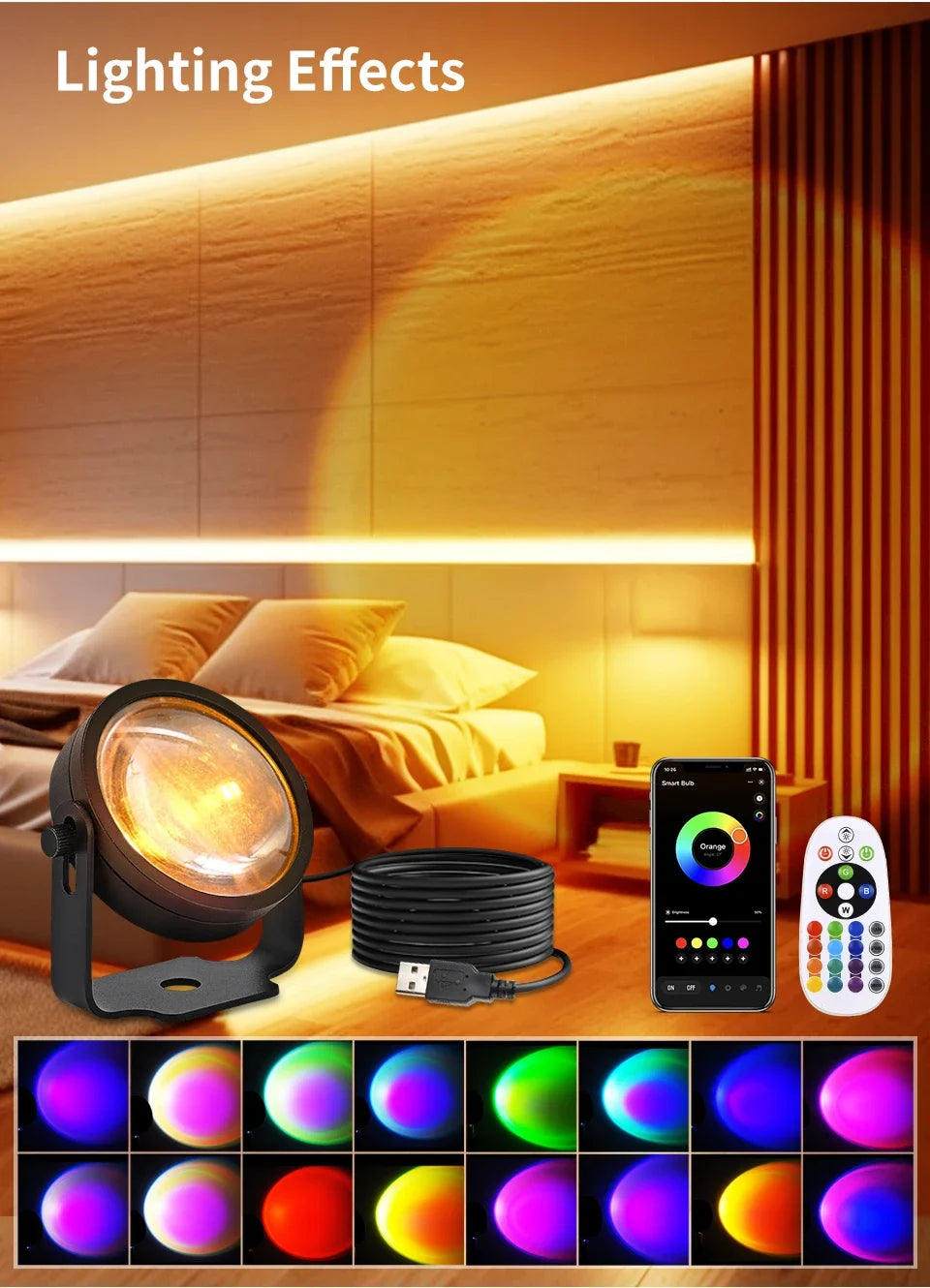 Lámpara inteligente de puesta de sol Tuya, proyector USB de puesta de sol.
