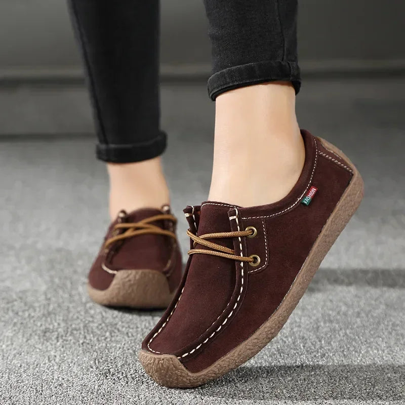 Zapatos casuales de mujer de nueva colección 2025: bailarinas de ante y piel, mocasines con cordones, zapatos de moda para mujer, tallas grandes 35-42.