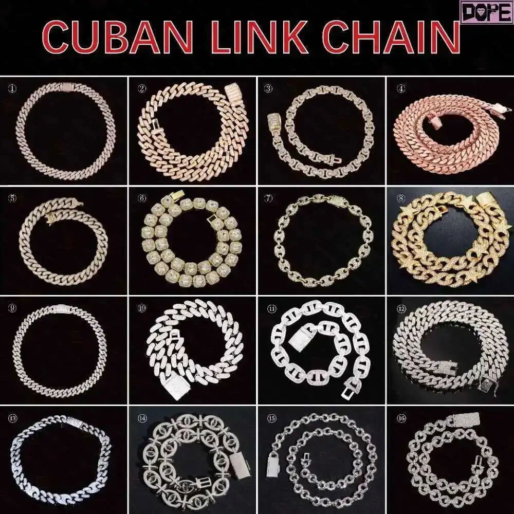 Cadena cubana de plata de 18 mm para hombre, chapada en oro blanco, S925 D VVS Moissanite.