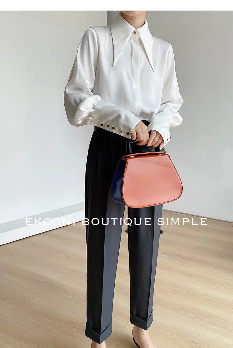 Blusa de mujer elegante de estilo vintage para otoño, ideal para la oficina, con cuello vuelto y mangas largas.