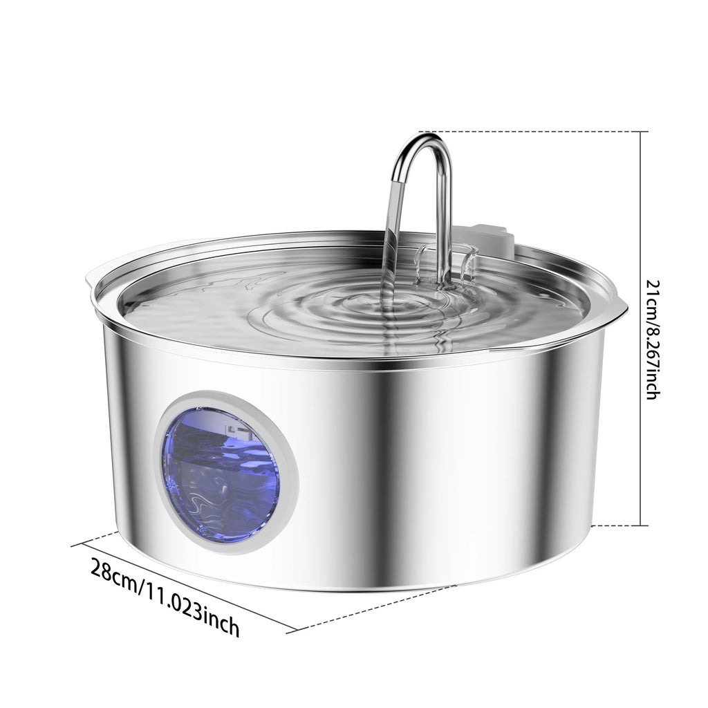 Fuente de agua automática de acero inoxidable de gran capacidad de 7 litros para gatos y perros, bebedero para mascotas, comedero con ventana, silencioso (sin enchufe de 5 V 1 A)