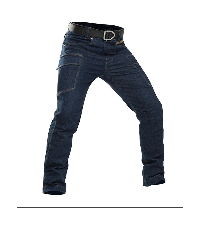 Pantalones vaqueros tácticos para hombre, estilo militar, de mezclilla, cargo, con múltiples bolsillos, elásticos, informales, para trabajo, entrenamiento y senderismo al aire libre.