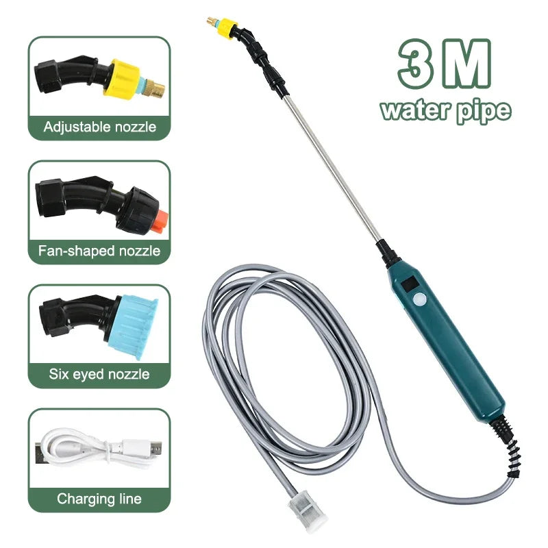 Pulverizador eléctrico portátil de 2400 mAh con 3 boquillas de niebla para riego de plantas y jardines.