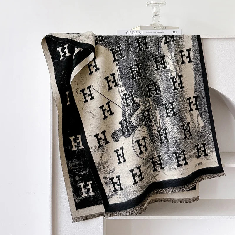 Bufanda de mujer nueva de la marca 2025 con letras, de lujo, para otoño e invierno, cálida, con estampado, tipo pashmina. Bufanda tipo foulard.