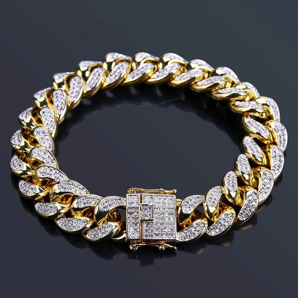 Pulsera de lujo con cadena cubana y diamantes de imitación para hombre, joyería hip-hop con cristales engastados, pulsera brillante de acero inoxidable, regalo