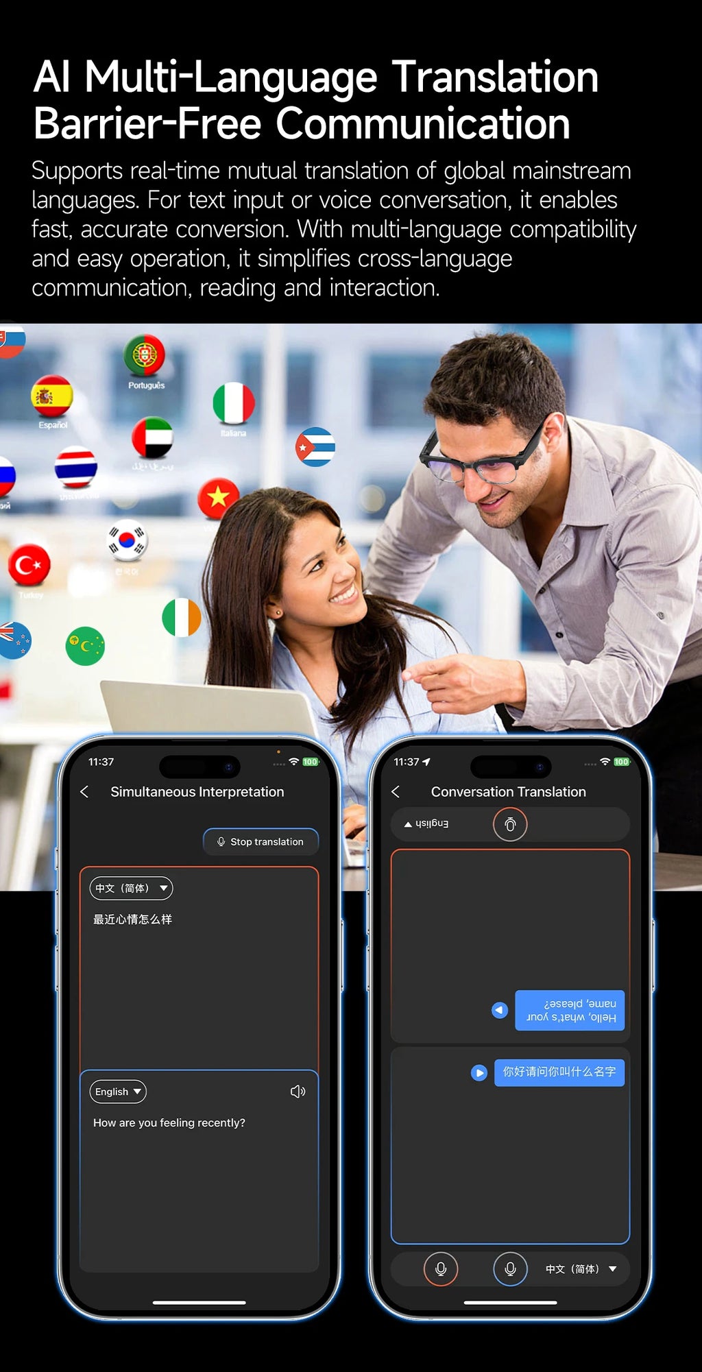 Gafas inteligentes con IA, Bluetooth, 8MP, resistentes al agua (IP66), grabación de video, reconocimiento de fotos y traducción, batería de 290 mAh. Gafas para uso diario.