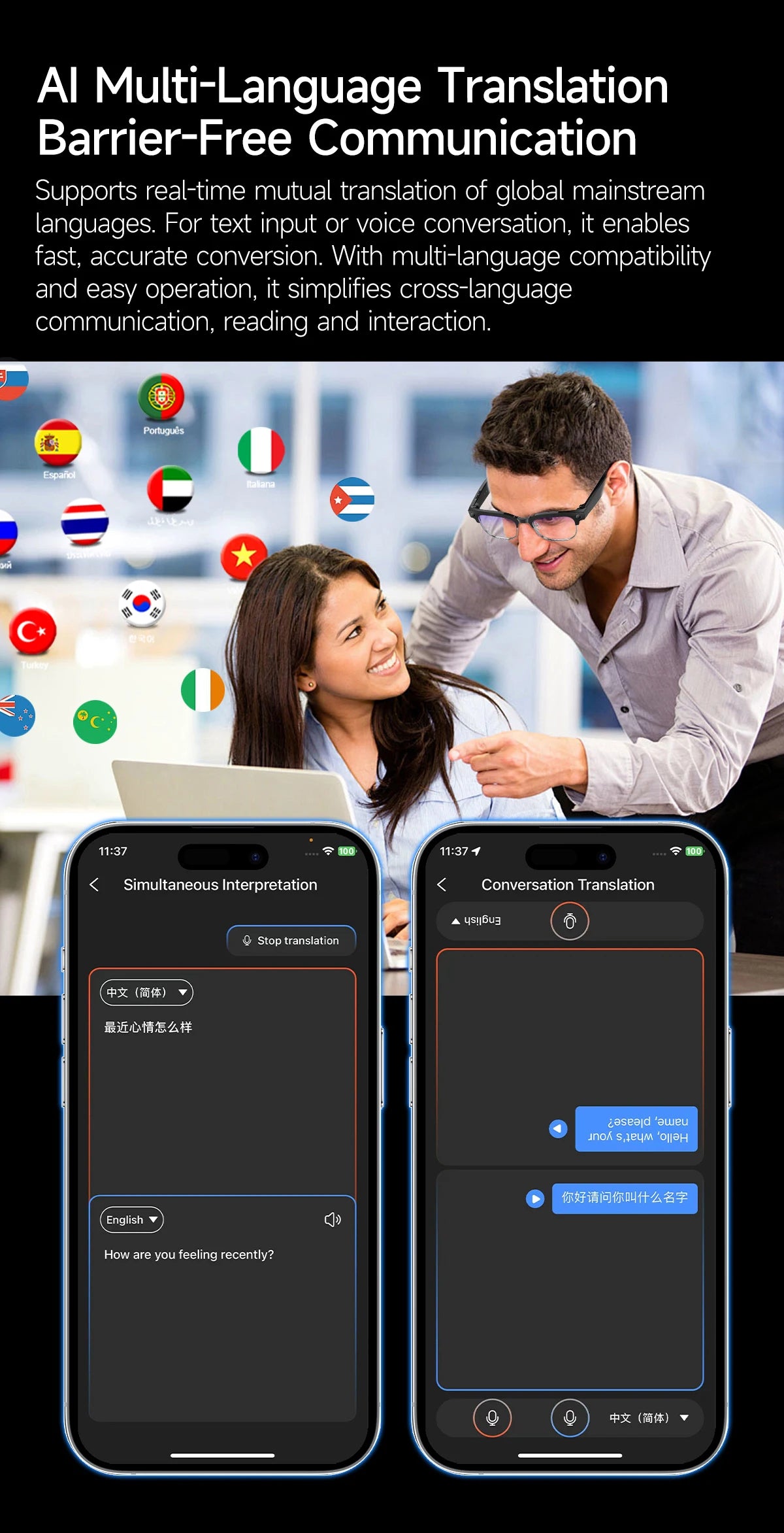 Gafas inteligentes con IA, Bluetooth, 8MP, resistentes al agua (IP66), grabación de video, reconocimiento de fotos y traducción, batería de 290 mAh. Gafas para uso diario.