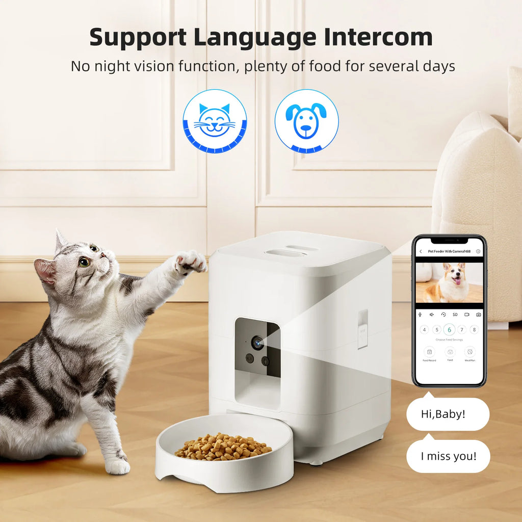 Comedero automático inteligente para mascotas de 2 litros con Wi-Fi y cámara HD 1080P, control por aplicación para alimentar a perros y gatos a distancia.