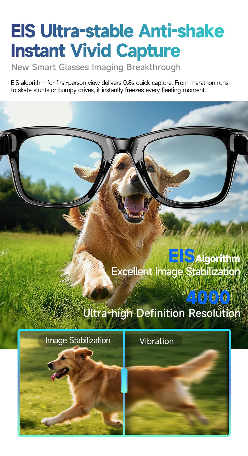 Gafas inteligentes con IA, 800 W, estabilización de imagen, cámara HD, grabación de vídeo, traducción de idiomas, Bluetooth, llamadas y reproducción de música. Para hombre y mujer.
