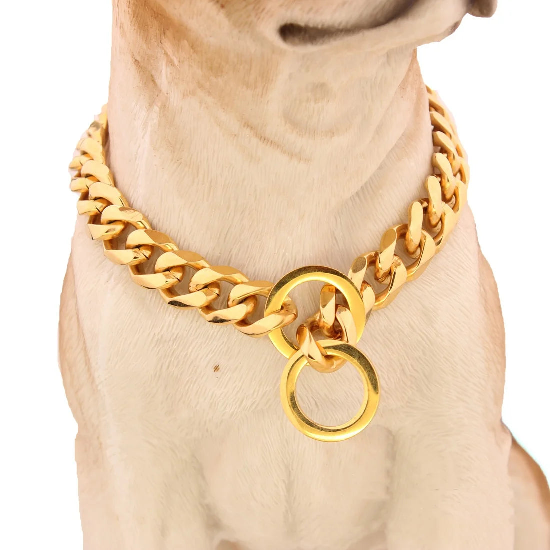 Collar de adiestramiento para perros grandes con cadena de eslabones cubanos dorados de 15 mm.