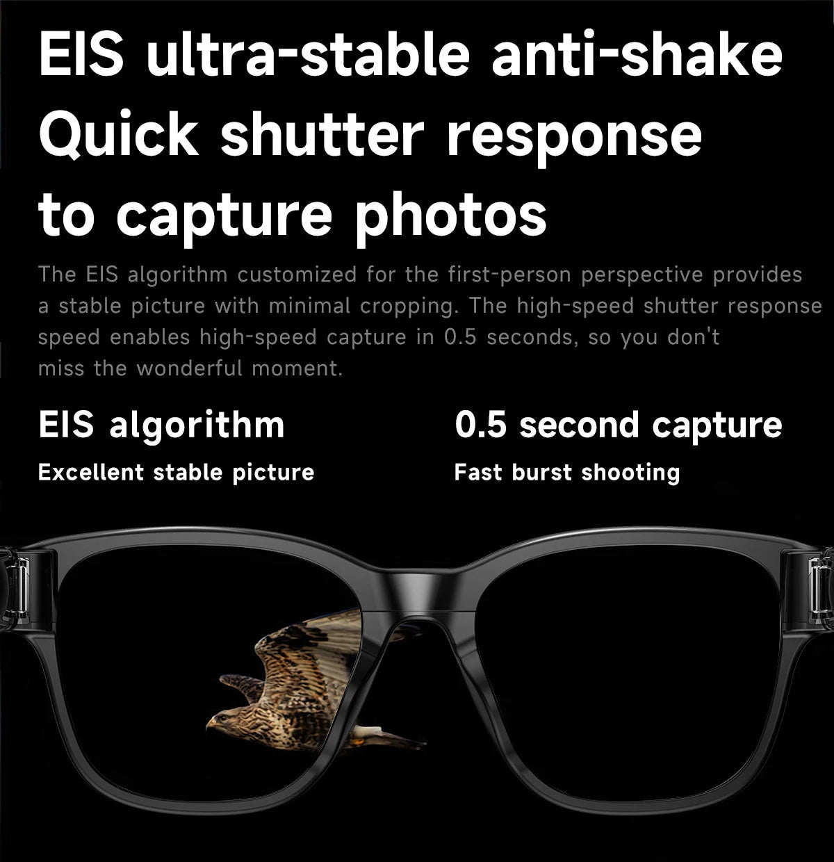 Gafas inteligentes con cámara HD de 8 MP, vídeo HD antivibración de 1200p, asistente de voz inteligente con IA, traducción en tiempo real y reconocimiento de objetos.