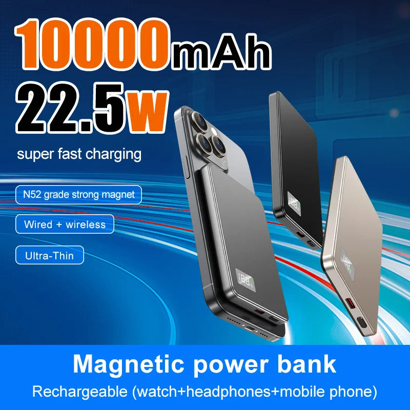Batería externa magnética ultradelgada 3 en 1 de 10000 mAh con carga rápida y cable integrado para relojes y auriculares recargables PD 22.5WS