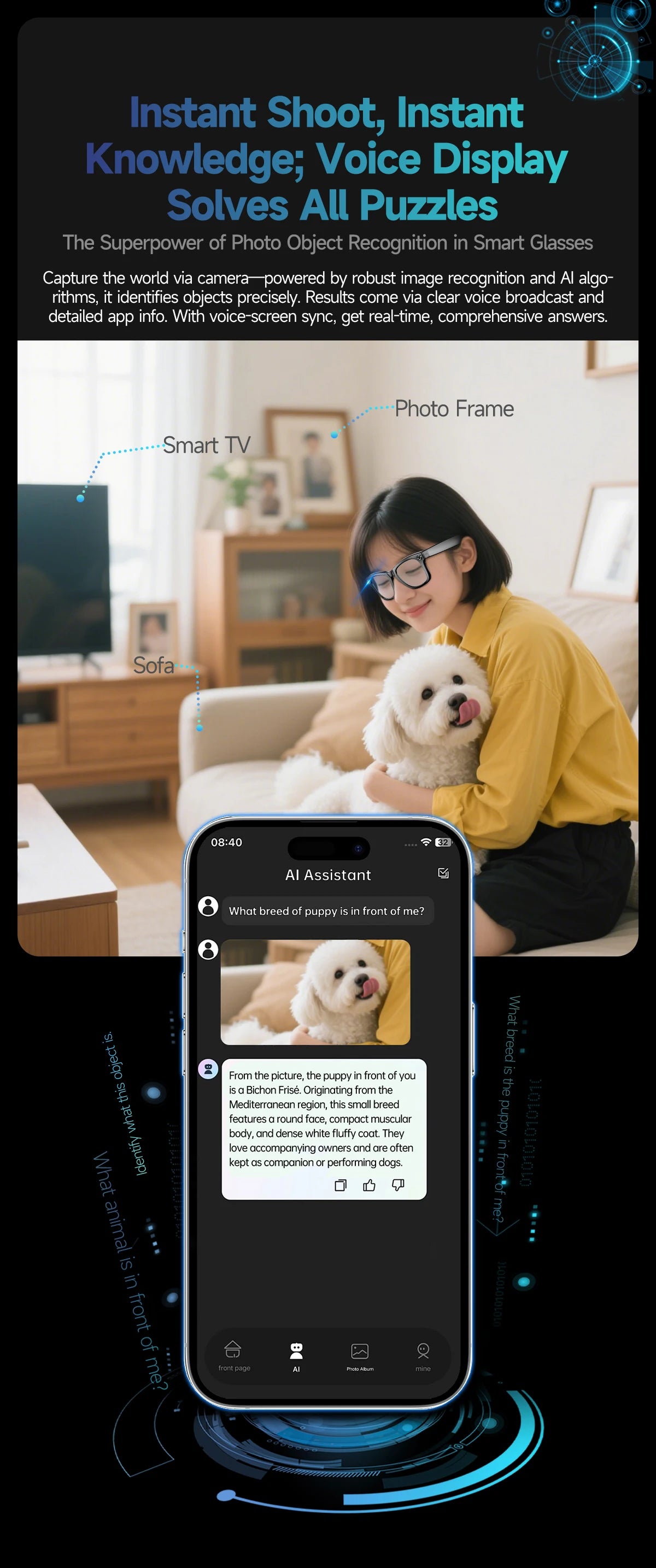 Gafas inteligentes con IA, 800 W, estabilización de imagen, cámara HD, grabación de vídeo, traducción de idiomas, Bluetooth, llamadas y reproducción de música. Para hombre y mujer.