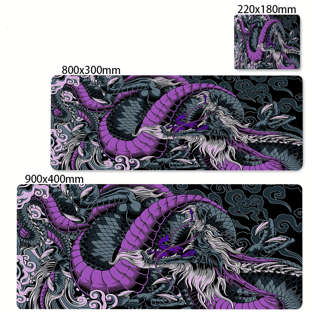 Alfombrilla de ratón grande con diseño de dragón en blanco y negro.