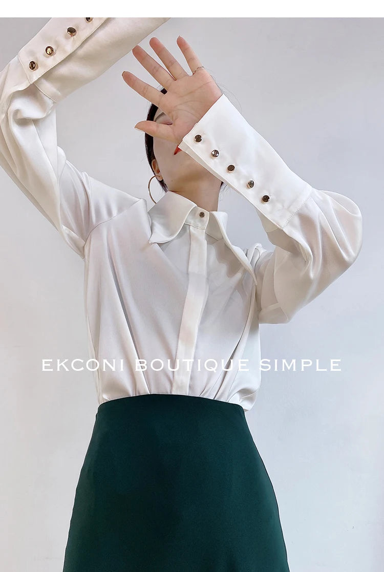 Blusa de mujer elegante de estilo vintage para otoño, ideal para la oficina, con cuello vuelto y mangas largas.