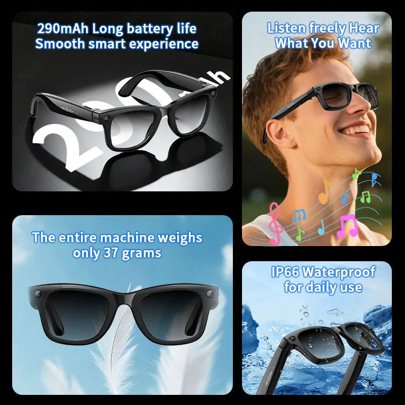 Gafas inteligentes con IA, 5 millones de píxeles, grabación de vídeo, reconocimiento fotográfico, traducción de respuestas, batería de 290 mAh, resistencia al agua IP66, Bluetooth.