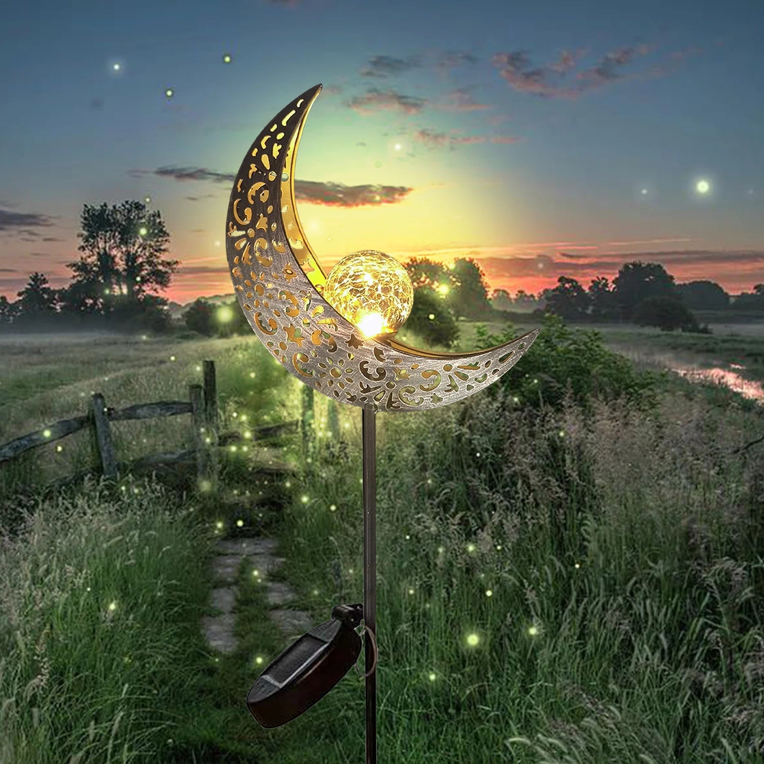 Luces solares para jardín, decoración exterior, luces de cristal craquelado con forma de luna, adorno de metal con estaca LED blanco cálido, regalo único para jardinería.