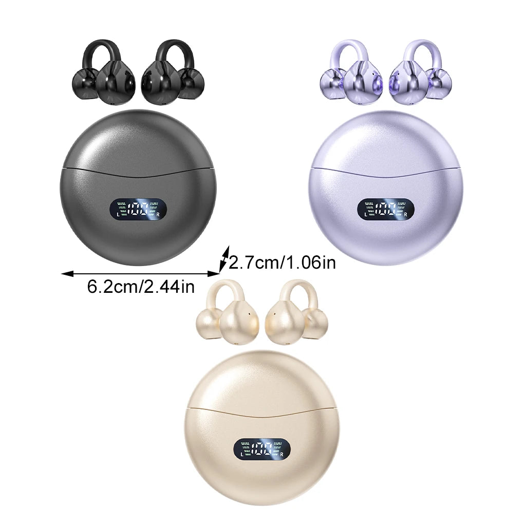 Auriculares de conducción ósea Bluetooth 5.4, auriculares con clip para la oreja, cómodos, deportivos, con pantalla digital.