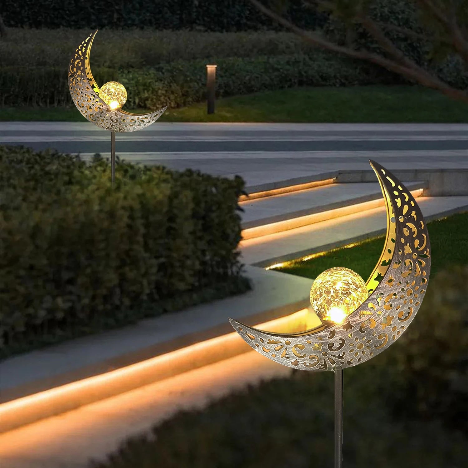 Luces solares para jardín, decoración exterior, luces de cristal craquelado con forma de luna, adorno de metal con estaca LED blanco cálido, regalo único para jardinería.