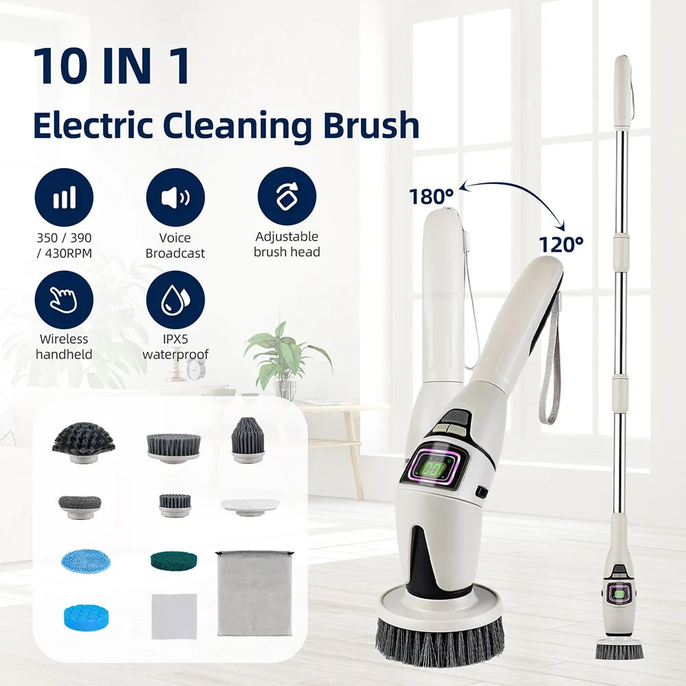 Cepillo de limpieza eléctrico 10 en 1, cepillo de limpieza eléctrico inalámbrico, cepillo de limpieza giratorio, cepillo de limpieza para ducha, cocina, baño y hogar.
